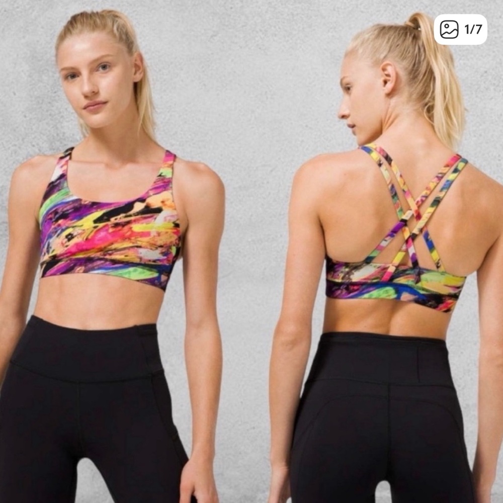 Lululemon Energy Bra Catalyst Multi Size 8 Strappy Back Colorful Neon - Picture 7 of 7